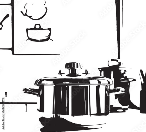 Monochrome Kitchen Still Life Featuring a Gleaming Stainless Steel Pot with Lid and Utensils
