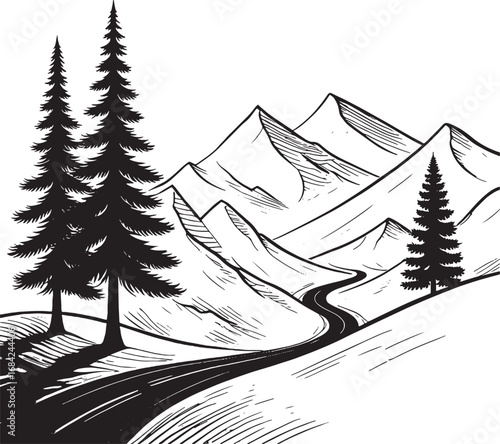Monochrome mountain landscape sketch with pine trees and winding road providing a scenic view for travel and adventure seekers