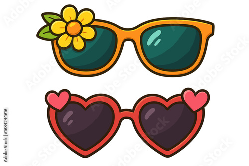 Set of cute summer sunglasses. Funky retro heart shaped eyewear and floral design glasses. Fashion accessory for beach party. Vector cartoon illustration isolated on white.