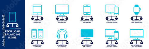 Tech Load Balancing Blue Colored Outline Icon Set