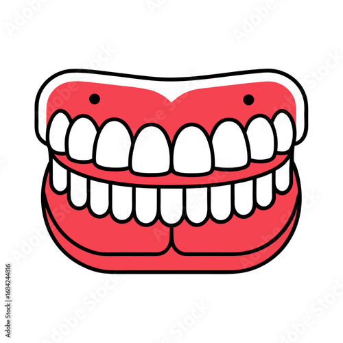 Cartoon illustration of a full set of white teeth in pink gums
