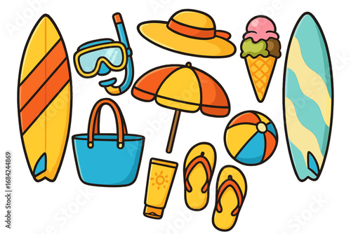 Summer beach vacation accessory set. Vector cartoon icons collection with surfboard, snorkel mask, sun hat, umbrella, ice cream, bag, ball, sunscreen and flip flops. Travel holiday.