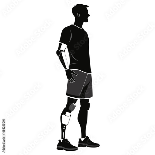 Man with prosthetic arm and leg in silhouette