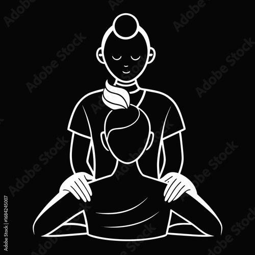 Stylized illustration of a person giving another person a shoulder massage