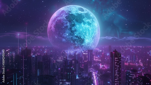 City skyline under large moonlit sky