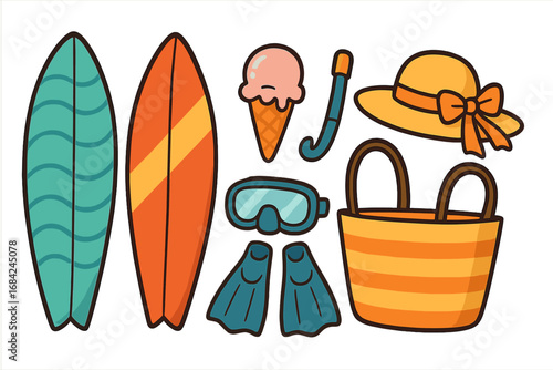 Summer beach vacation icon set with surfboards, snorkeling gear like mask and flippers, ice cream, sun hat, and tote bag. Vector cartoon clip art collection for travel.