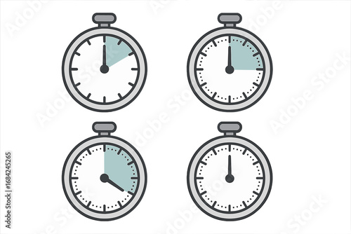 Timer and stopwatch vector icon set showing different time intervals. Countdown illustration for concepts of deadline, urgency, and time management. Simple chronometer symbol.