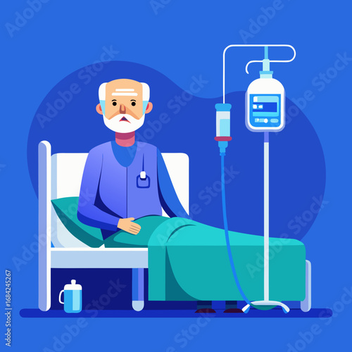 Elderly patient receiving intravenous therapy in hospital bed