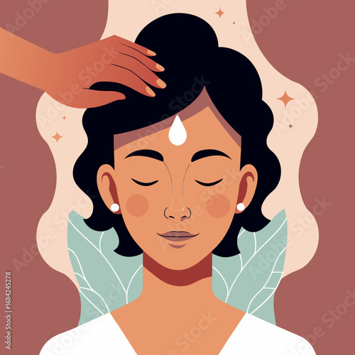 Woman receiving forehead massage with a hand and a drop on her third eye