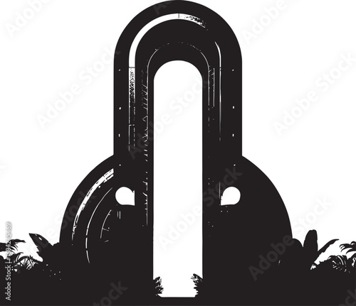 Mysterious Archway Silhouette Leading to Illumination surrounded by Lush Tropical Foliage in Black and White Illustration