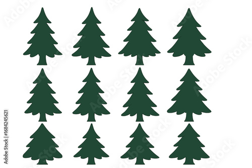 Set of pine tree silhouettes. Collection of cartoon fir trees. Christmas tree green icon. Forest, nature, woodland element for design. Seamless pattern background. Vector illustration.