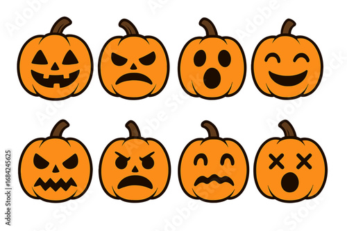 Set of Halloween pumpkin jack o lantern faces with various emotions. Cute cartoon kawaii spooky character emoji, emoticon pack. Vector illustration for autumn holiday design.