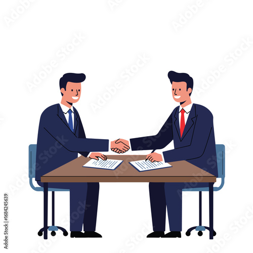 Two men in suits shake hands over a desk with papers