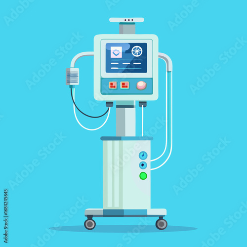 Modern medical ventilator machine on wheels with digital display and controls