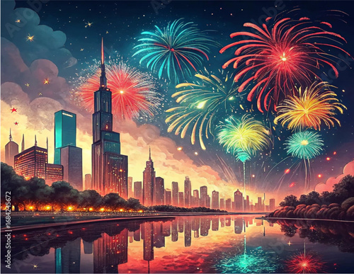 Colorful Fireworks Over City Skyline