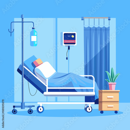 Patient in hospital bed receiving iv drip and monitored by medical equipment