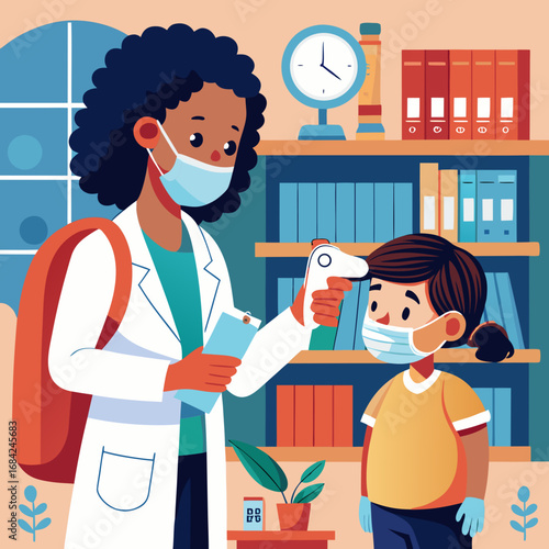 Doctor checking childs temperature with infrared thermometer at school