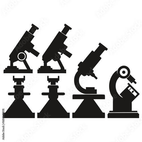 Collection of black silhouette scientific microscopes and car jacks on white background