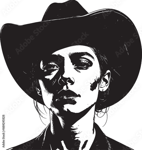 Mysterious woman in cowboy hat black and white illustration portrait fashion model with intense eyes stylized artwork vector illustration modern art print