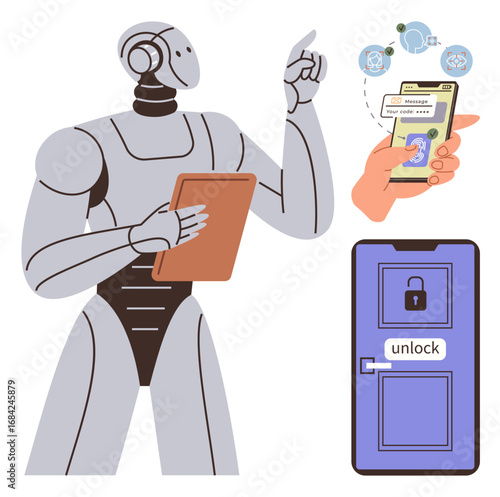 Modern robot analyzes data on a tablet, hand scanning phone unlocks information, a digital lock system secures access. Ideal for AI, automation, cybersecurity, biometrics, innovation, future
