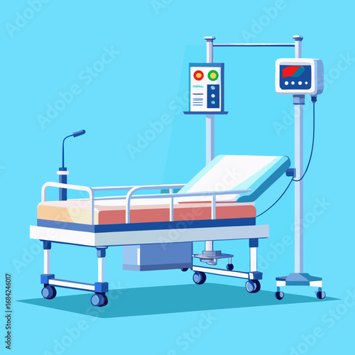 Hospital bed with medical equipment and blue background
