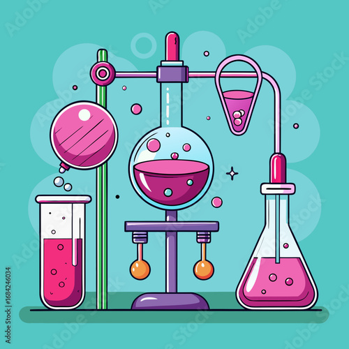 Colorful cartoon illustration of a science experiment with beakers and flasks