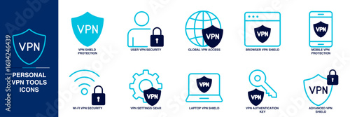 Personal VPN Tools Blue Colored Outline Icon Set