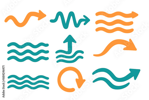 Arrow icon set. Wavy, curved, circle arrows. Direction symbol collection. Up, down, left, right, refresh, reload, cycle. Flow, stream, wave signs. Vector illustration.