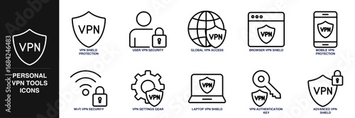 Personal VPN Tools Line Icon Set