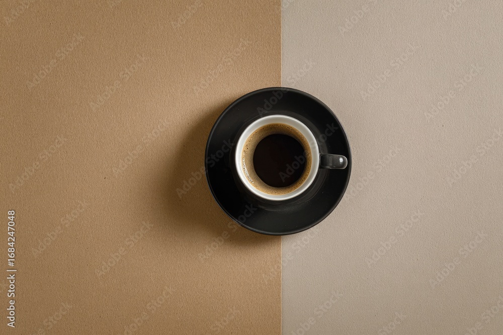Minimalist top view of a black coffee cup on a two tone background. Minimalist top view of a black coffee cup on a two tone background.