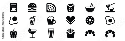 Food and Beverage Icon Set – Black Line Icons for Fast Food, Drinks, and Culinary Design