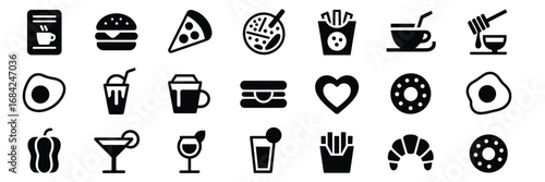 Food and Beverage Icon Set – Black Line Icons for Fast Food, Drinks, and Culinary Design