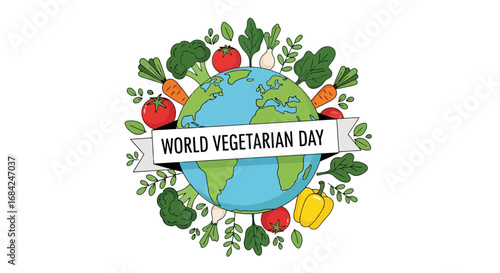 World Vegetarian Day Illustration with Earth and Vegetables, Promoting Healthy and Sustainable Eating Habits for Environmental Awareness Campaigns.