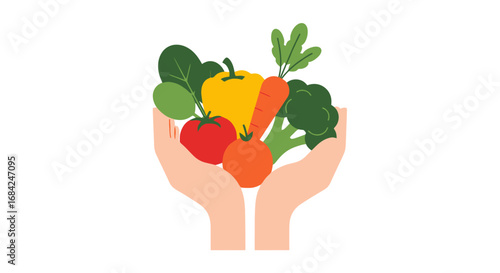 Hands Holding Fresh Vegetables Illustration for Nutrition Awareness, Healthy Eating Campaigns, and Promoting Sustainable Agriculture Practices.