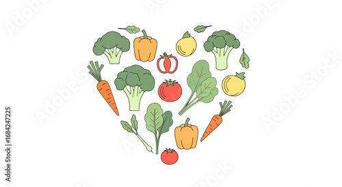 Heart-shaped arrangement of colorful vegetables and greens for promoting healthy eating habits and nutritional awareness campaigns. Suitable for health and wellness websites, blogs.