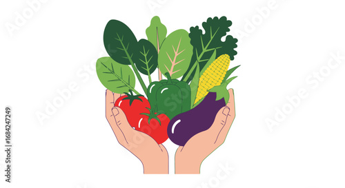 Hands holding fresh organic vegetables, promoting healthy eating habits and sustainable agriculture practices for wellness campaigns and nutritional education materials.