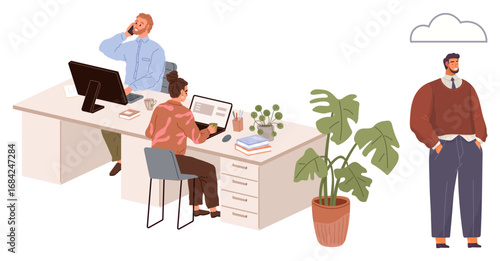 Office setup with employees working at desks and one person standing aside. Includes computers, plants, books, and conversation. Ideal for teamwork, productivity, professionalism, communication