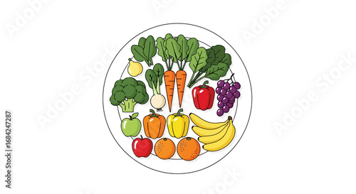Colorful Plate of Fresh Vegetables and Fruits for Promoting Healthy Eating and Balanced Nutrition, Perfect for Educational Materials and Dietary Guides.