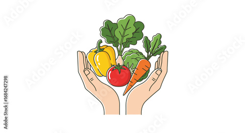 Hands Holding Fresh Vegetables Illustration, Depicting Healthy Eating and Agriculture, for Nutrition Education and Promoting Sustainable Food Choices.