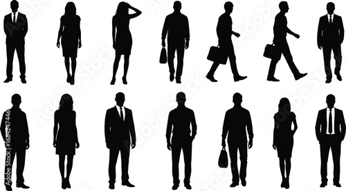 Silhouettes of business professionals walking and standing in office attire representing teamwork, leadership, and corporate lifestyle concepts.