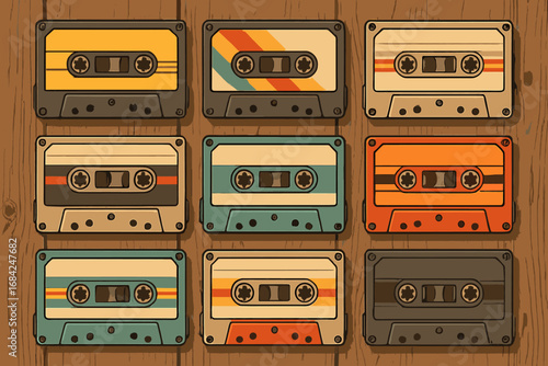 Collection of vintage cassette tapes on a wooden background. Retro music audio concept from the 80s and 90s. Old school analog mixtape design. Vector cartoon illustration.