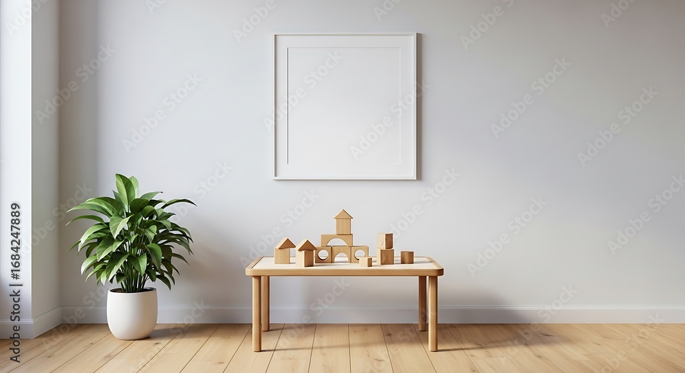 Fototapeta premium Modern minimalist interior scene with blank canvas art on light gray wall over wooden table with decor and potted plant