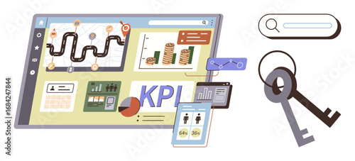 Wallpaper Mural Interactive dashboard features graphs, charts, roadmap, and KPI metrics for goal tracking. Two keys symbolize data access and insights. Ideal for business analytics, goal-setting, and success Torontodigital.ca