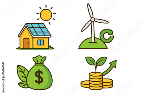 Renewable energy icon set with solar panels on a house and a wind turbine. Green investment, sustainable financial growth with money bag and coins. Ecology vector cartoon.