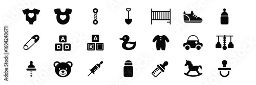 Baby Essentials Icon Set – Black Line Icons for Infant Care, Nursery Items, and Childhood Accessories