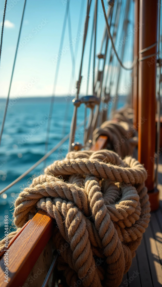 Obraz premium Close-up of thick rope tied on the side railing of a wooden sailing boat with the ocean horizon in the background. Nautical theme with maritime atmosphere.