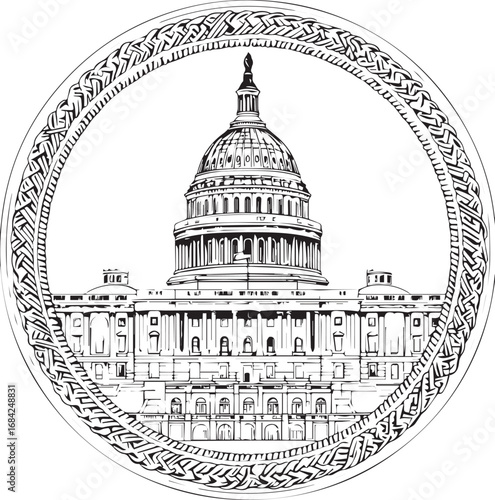 Elegant Capitol Seal: An exquisite, detailed line drawing of a prominent government building, the embodiment of national strength, encased within a sophisticated decorative border.