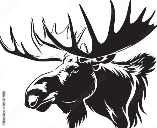 Majestic Moose Portrait: A striking black and white portrait of a regal moose with impressive antlers, its noble features and wilderness allure captivate.