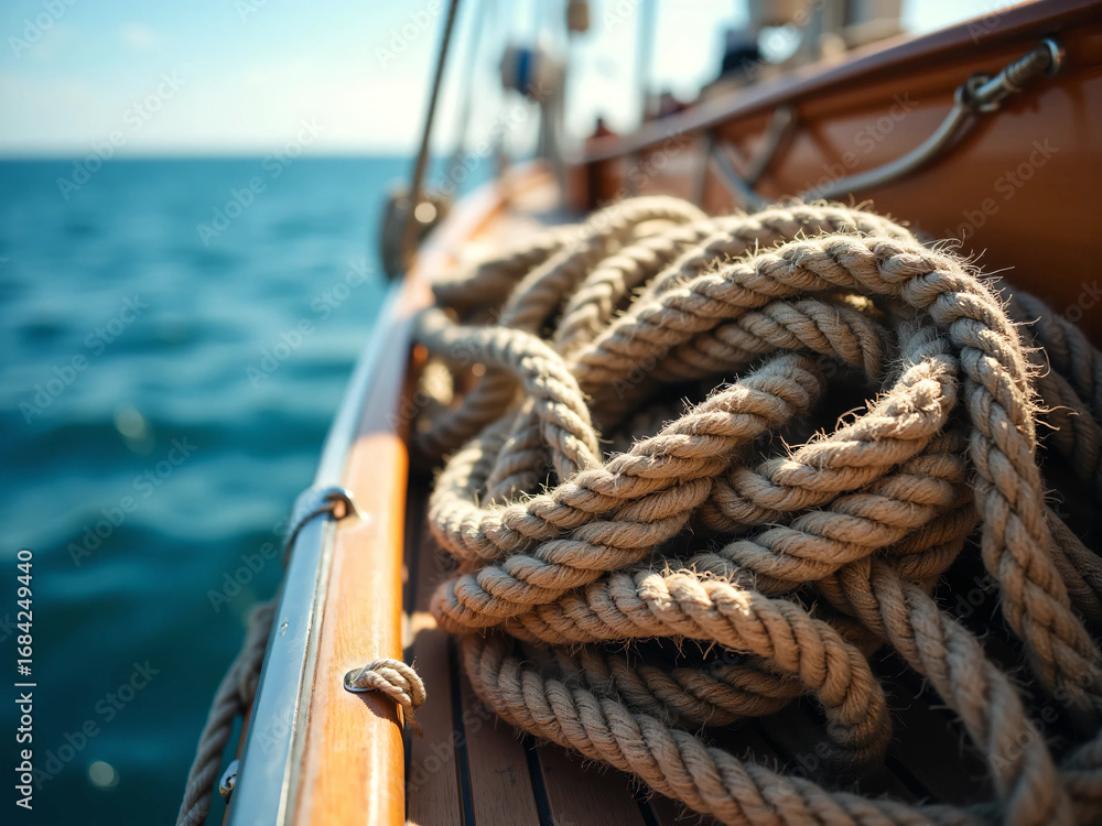 Obraz premium Nautical rope hanging and coiled along the wooden railing of a sailboat, with blue ocean water in the background. Traditional maritime equipment in use.