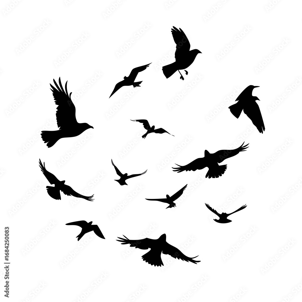 Obraz premium Collection of stylized black silhouettes of crows and ravens in various dynamic flying and perching poses against a clean white backdrop, evoking a sense of nature and freedom See Less